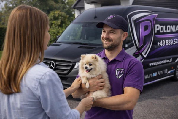 Mężczyzna trzyma psa przed vanem.